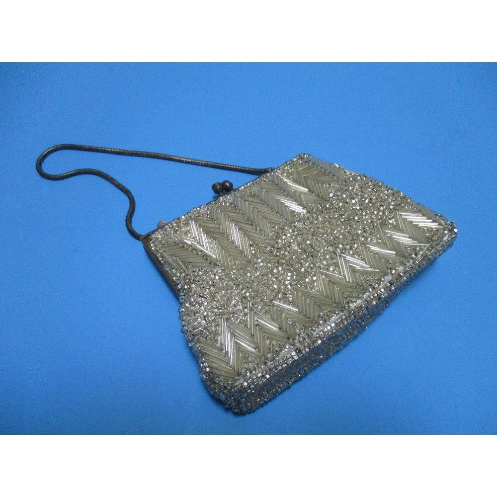 *Vintage Off White Beaded Wristlet Clutch Evening Bag